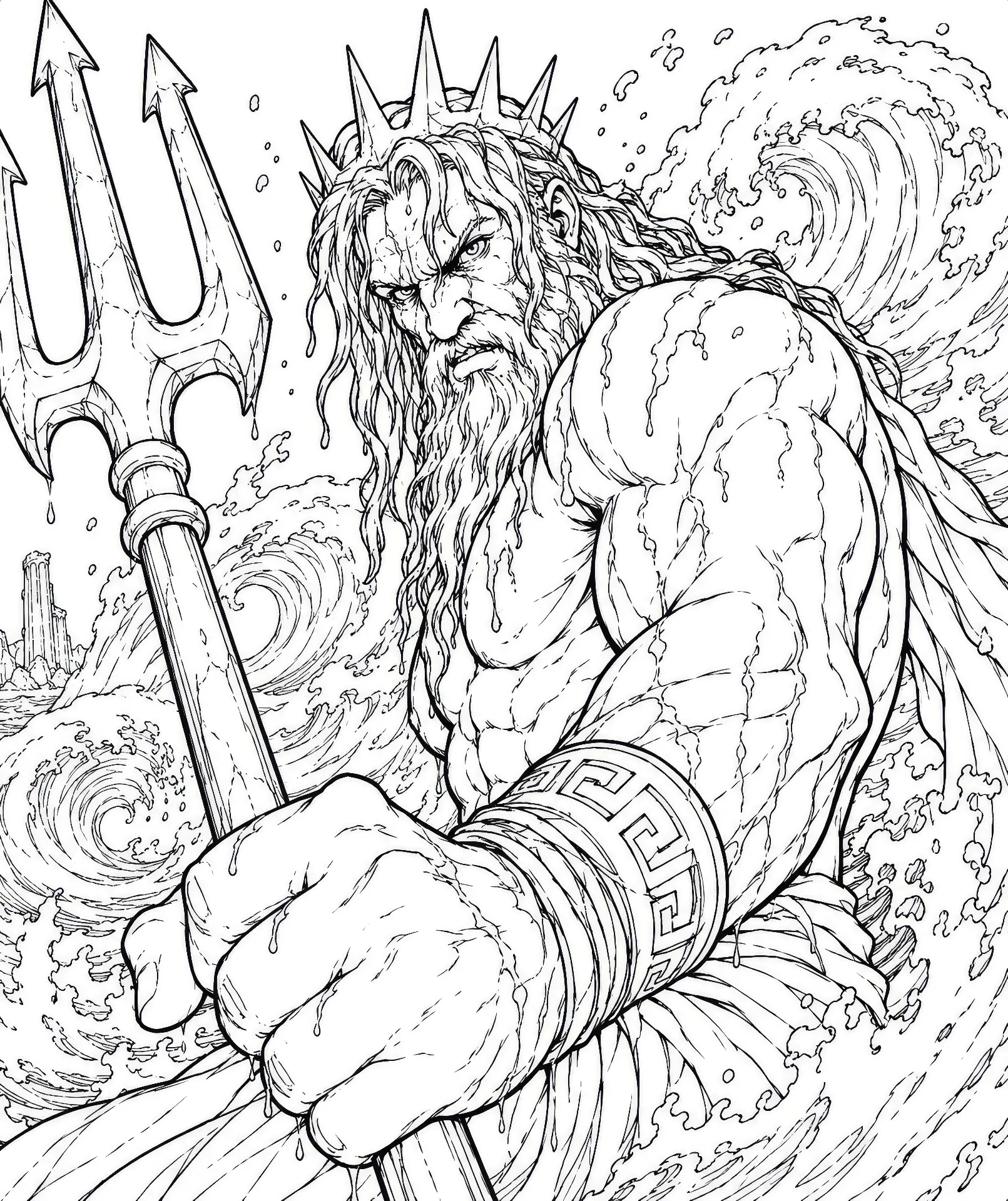 Coloring page of Poseidon rising out of a whirlpool holding a trident