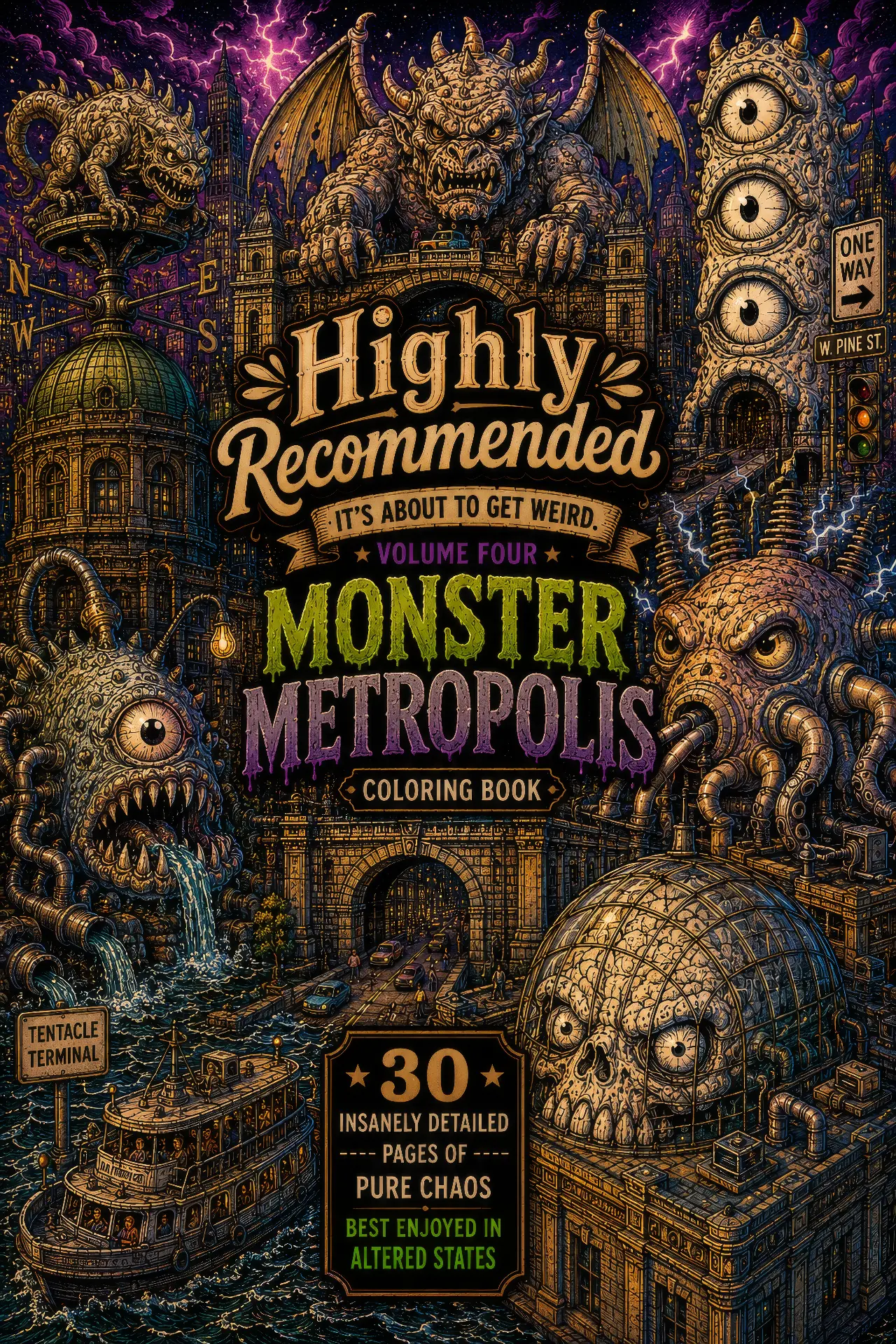 Highly Recommended Volume Four: Monster Metropolis adult coloring book cover, a monster-infested city skyline
