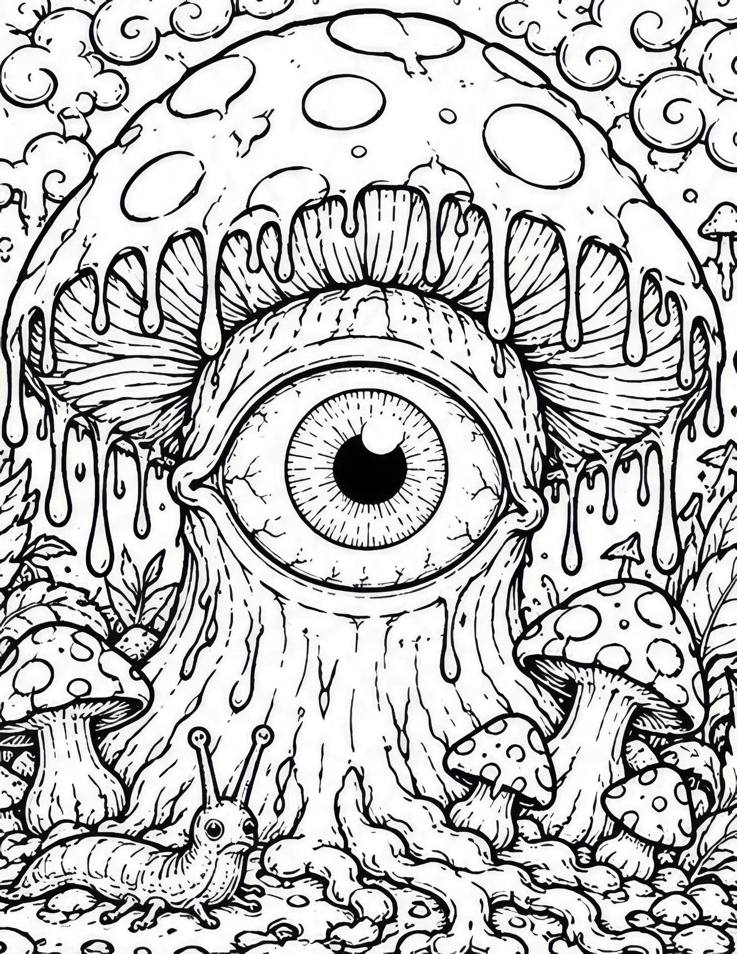 Coloring page of a giant dripping mushroom with a single enormous eye surrounded by toadstools and slugs