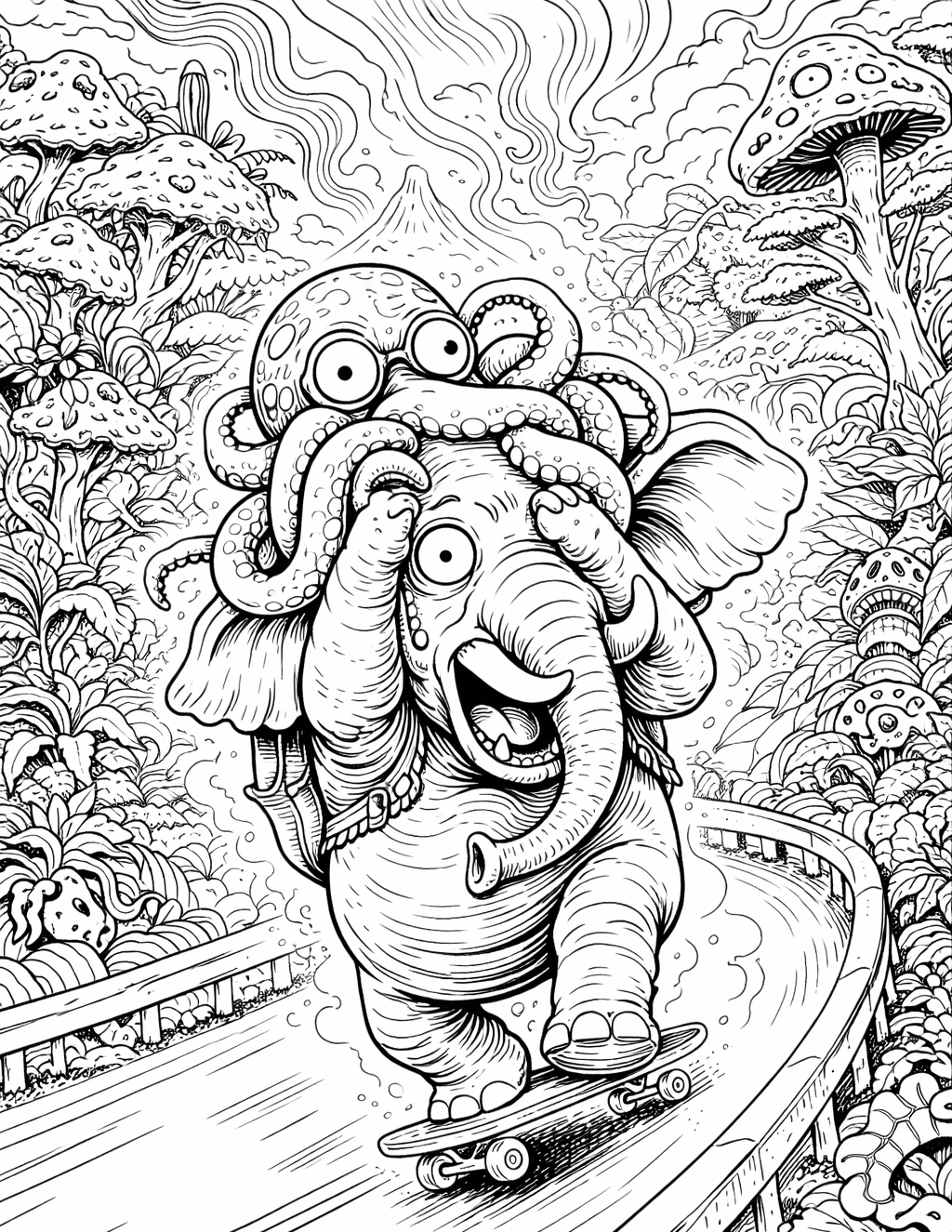 Coloring page of an elephant with an octopus on its head skateboarding through a mushroom forest