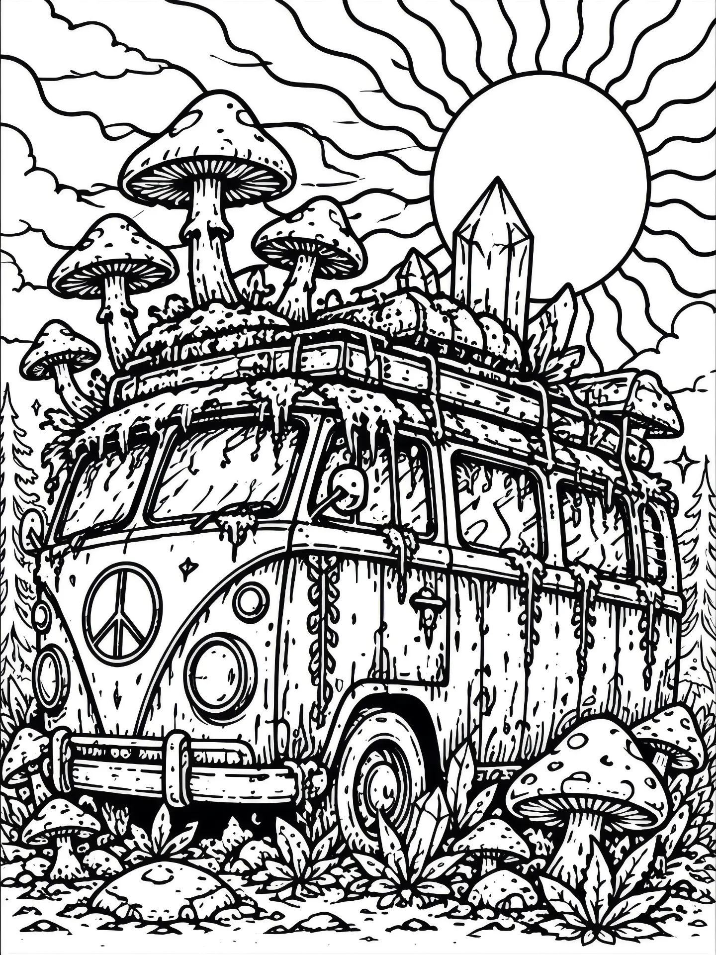 Coloring page of a mushroom-covered hippie van parked under a blazing sun with crystals on the roof