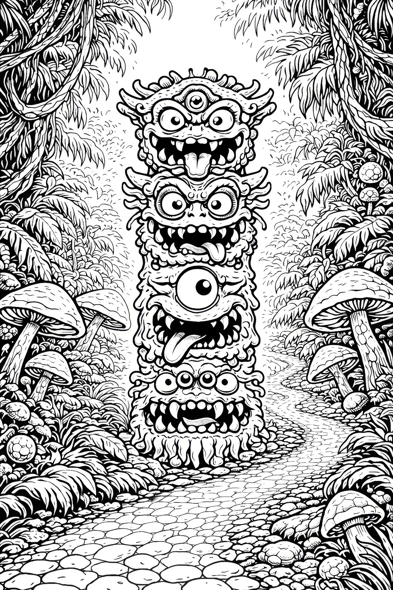 Coloring page of a stacked totem of grinning one-eyed monster heads on a forest path