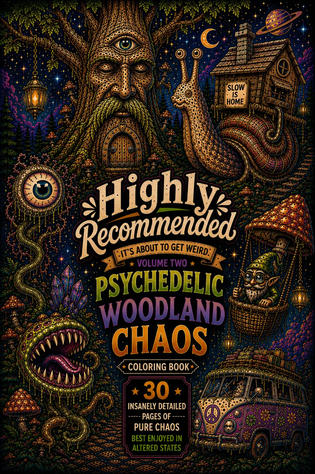 Highly Recommended Volume Two: Psychedelic Woodland Chaos adult coloring book cover with a tree spirit, giant snail and glowing mushrooms